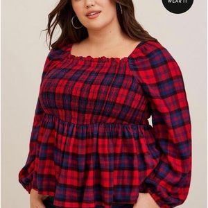 NWOT. TORRID red and blue plaid peplum top. Never worn.